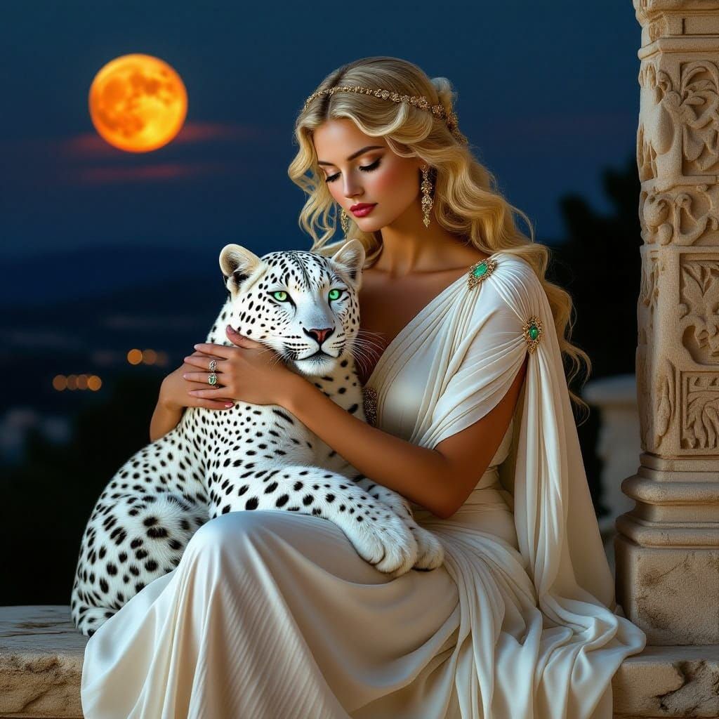 Serene Goddess and Majestic Leopard in Moonlit Night