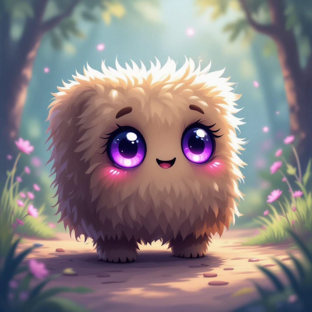 Cute Furry Cube with Purple Eyes in Fantasy Setting