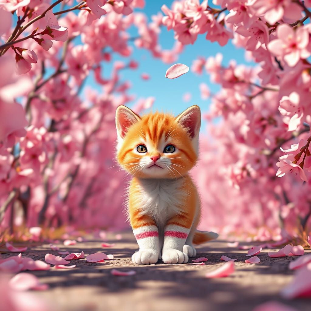 Whimsical Kitten in Cherry Blossoms Wonderland