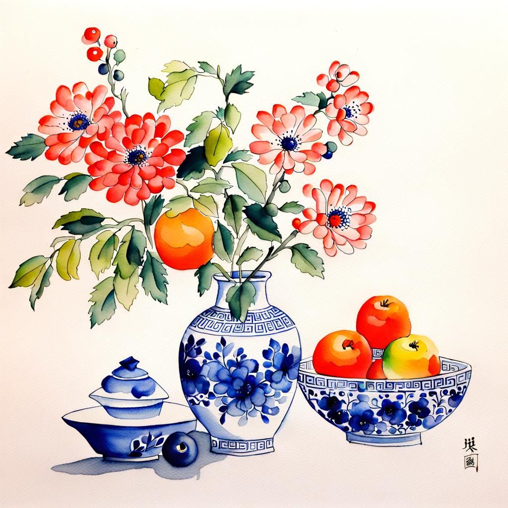 Oriental Watercolor Still Life in Korean Folk Style