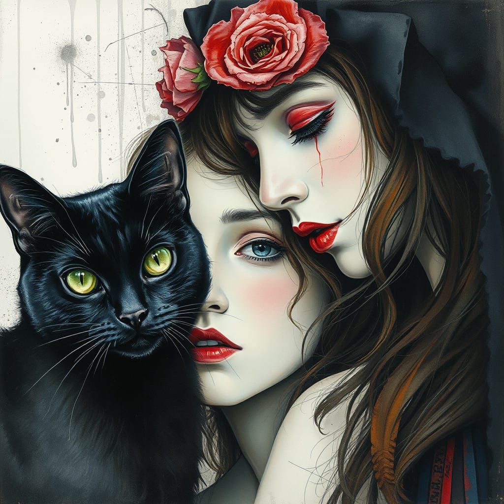 Ethereal Gothic Watercolour Portrait of a Girl and her Black...