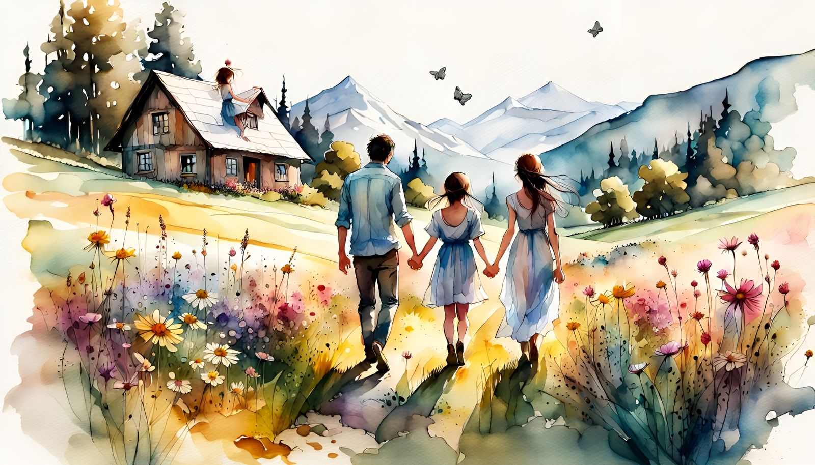 Family in Meadow: Digital Watercolor Illustration