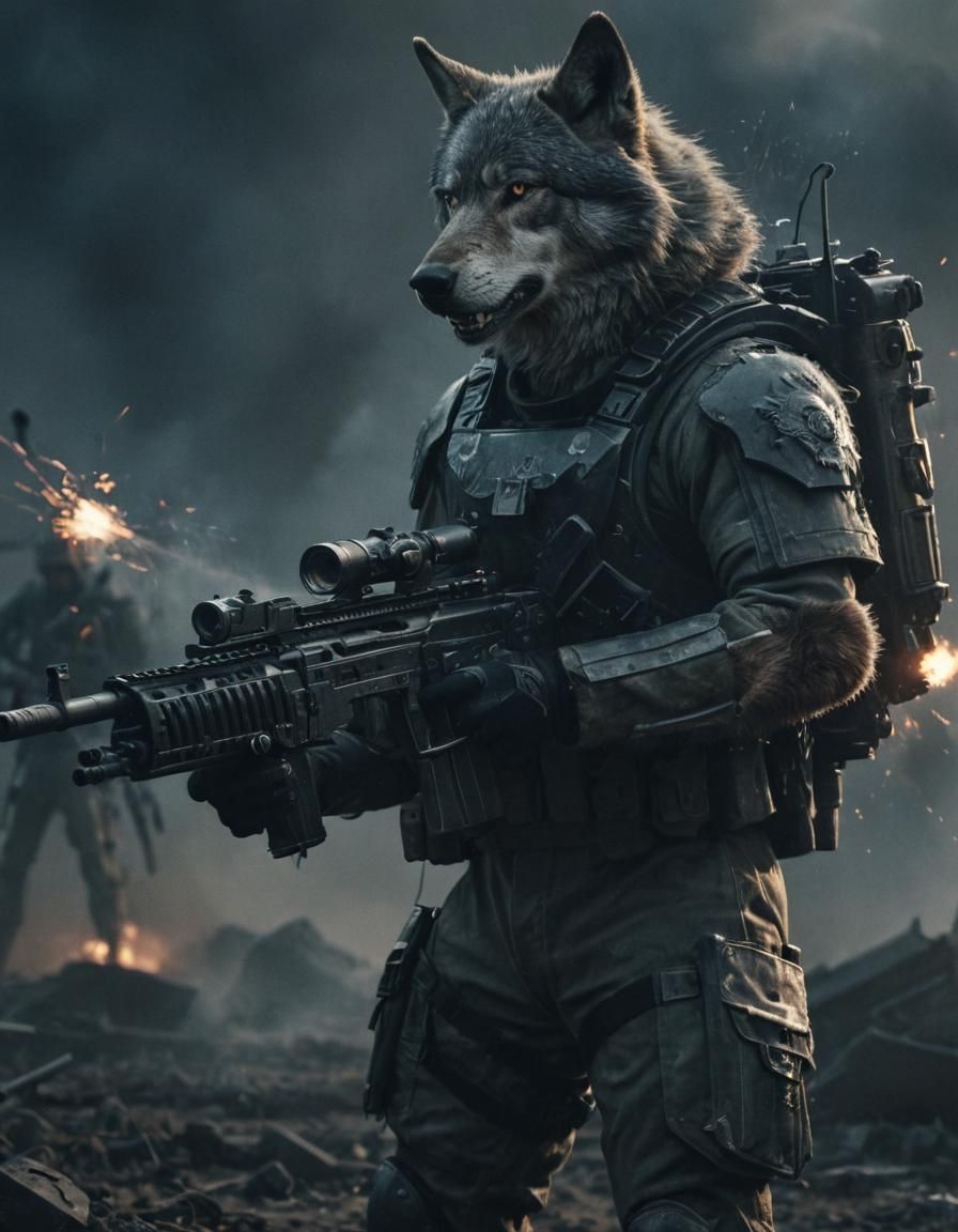 Wolf Soldier in Smoky Battlefield: Neo-Realism Film Still