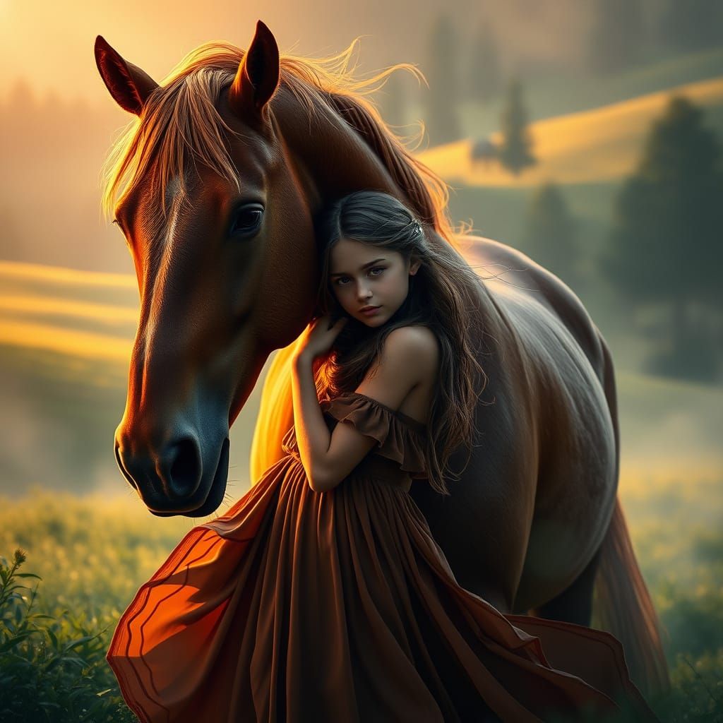 Young Girl Embracing a Majestic Chestnut Horse in a Dreamy L...