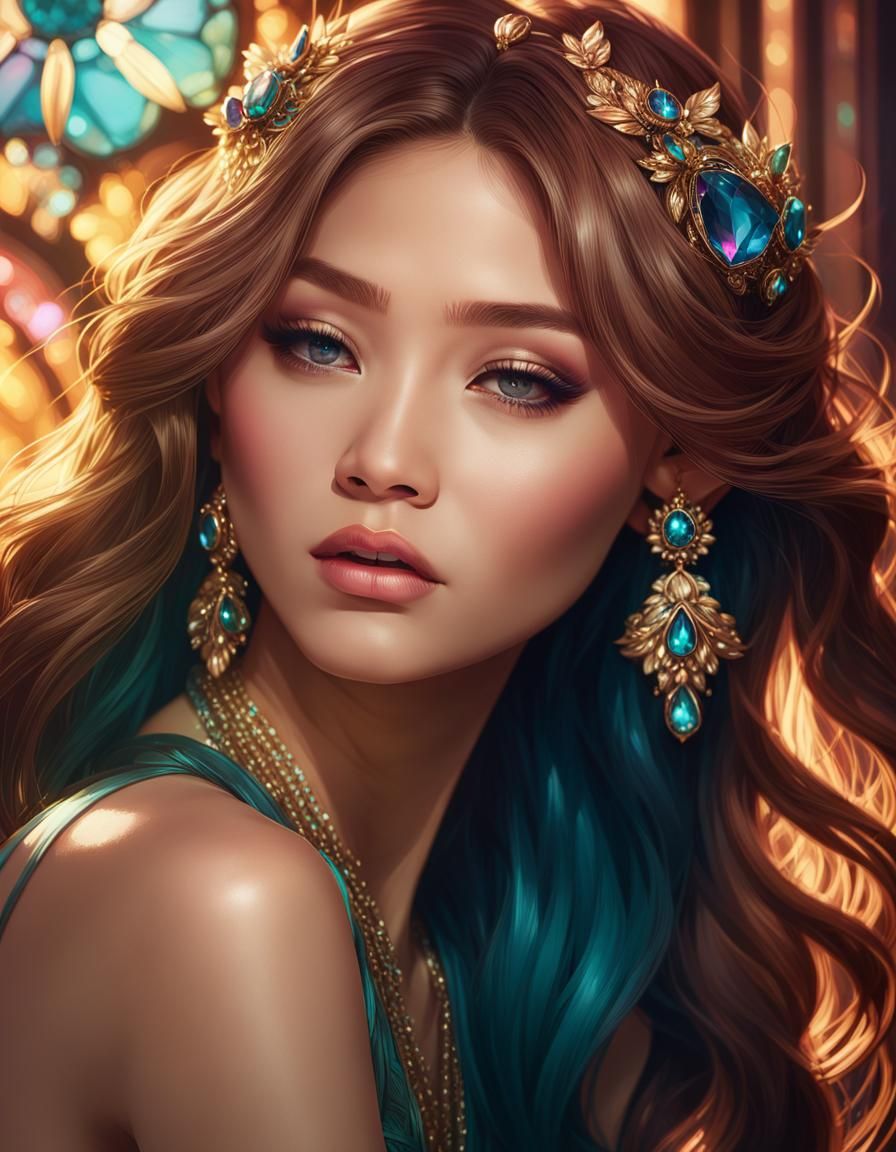 Glamorous K-Pop Idol Portrait in Art Nouveau Style