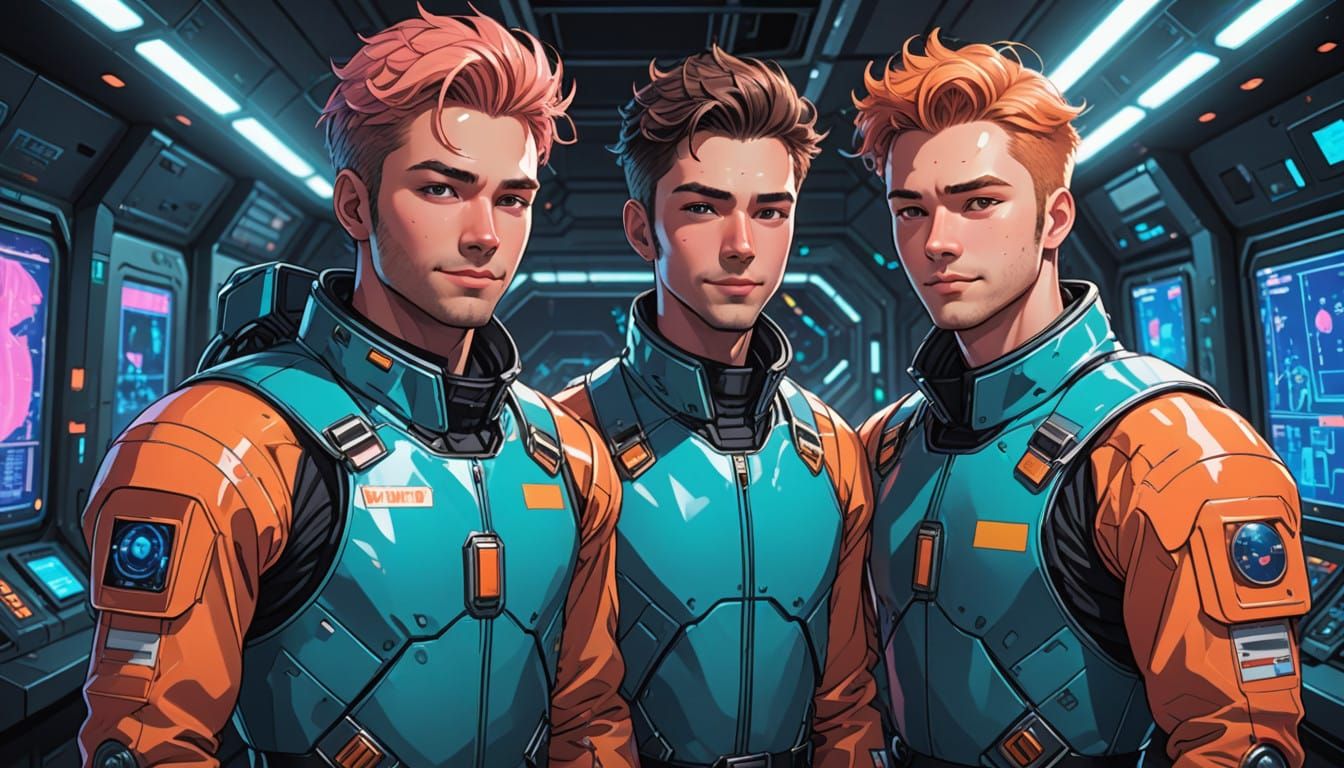 Cyberpunk Gay Couple in Neon Space Station