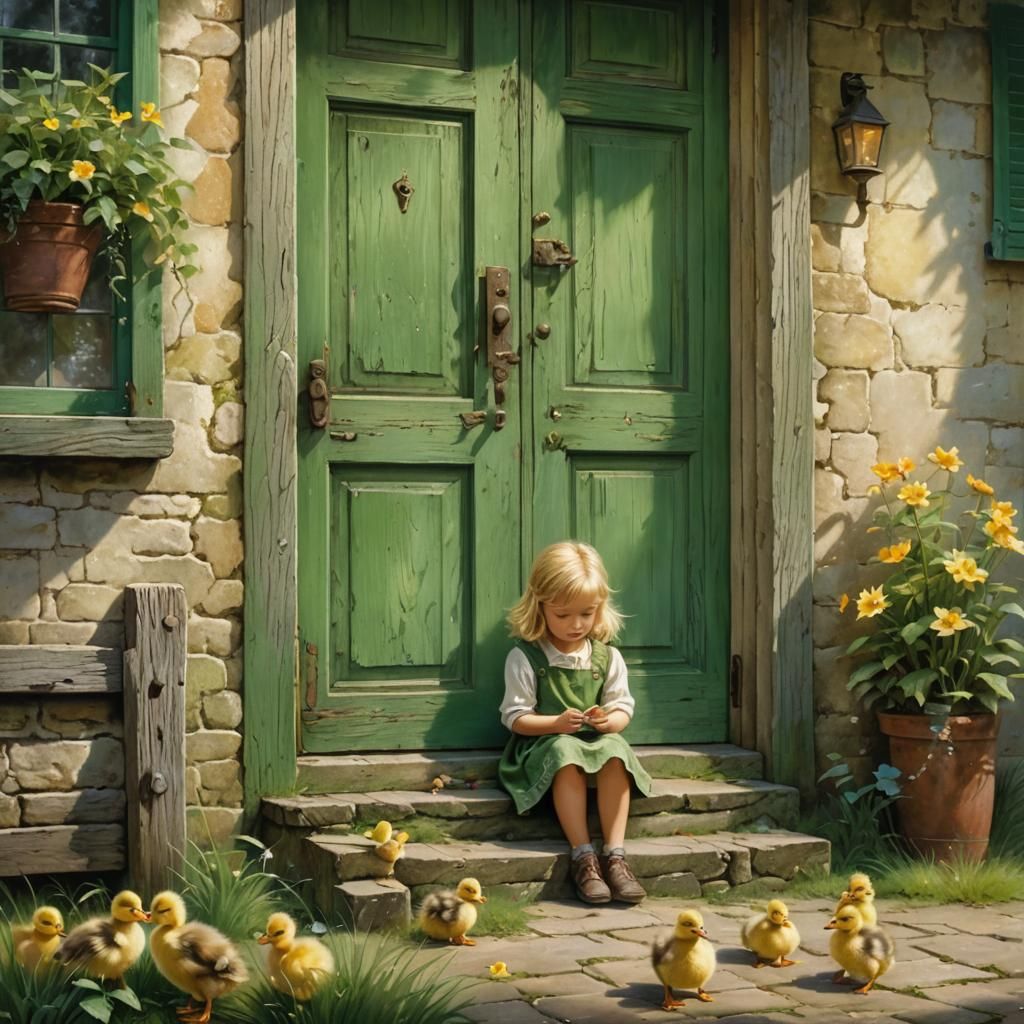 Girl with Ducklings on Doorstep in Ethereal Style