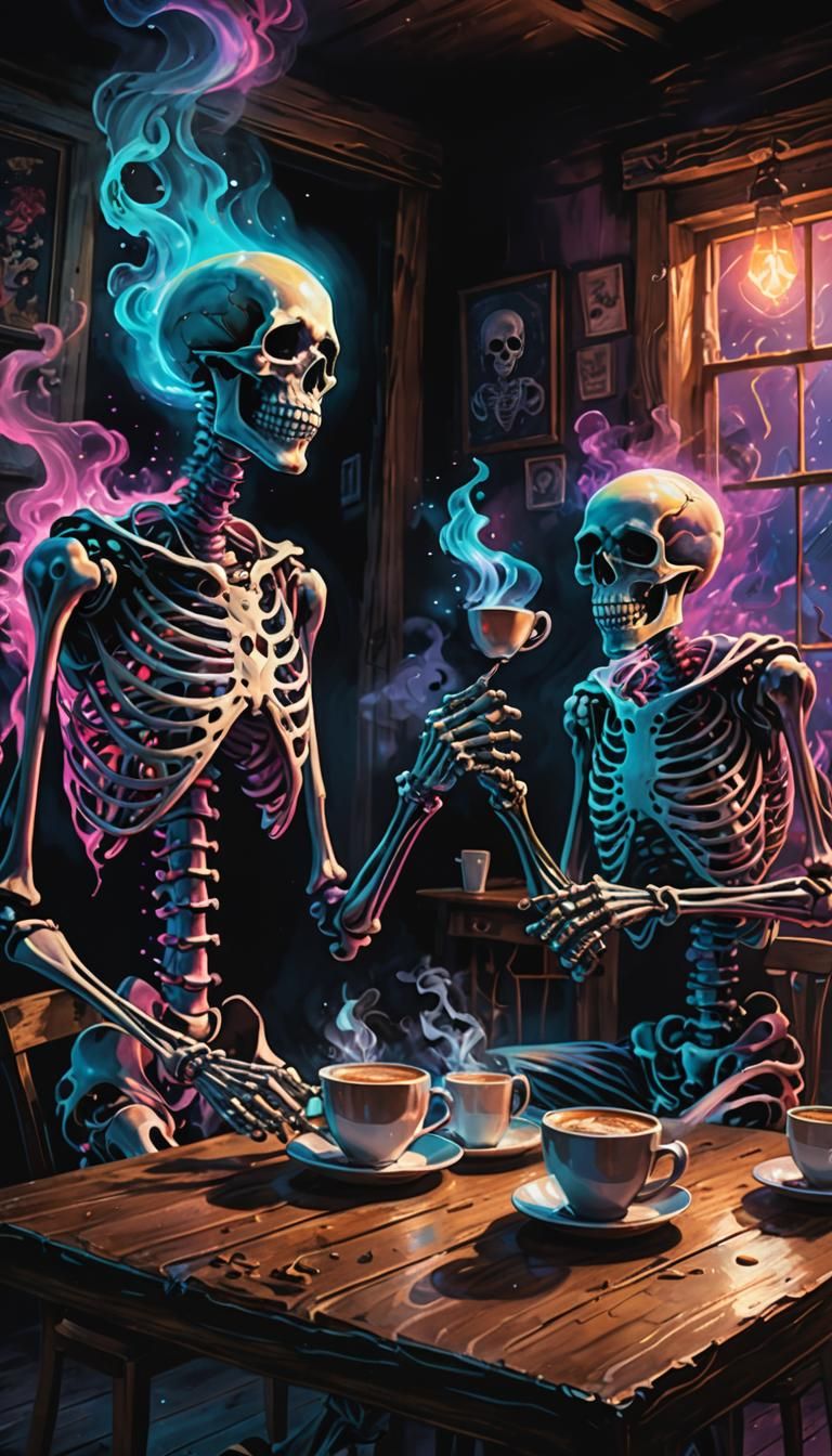 Ghost and Skeleton Coffee: Cosmic Neon Illustration