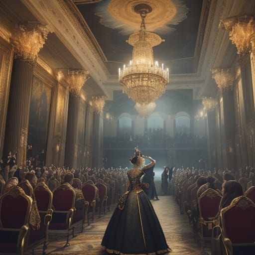 Regal Jesters in Grand, Dimly Lit Hall