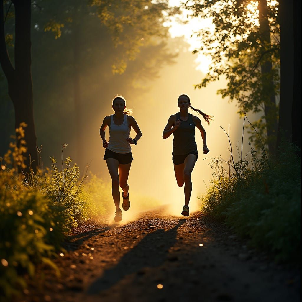 Trail Runners in Sunlit Forest, Cinematic Hyperrealism
