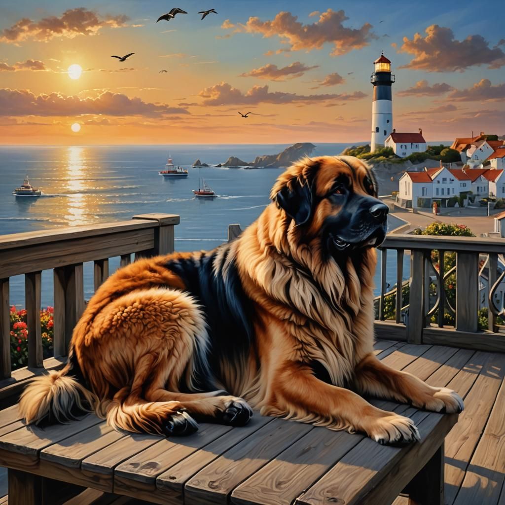 Hyper-Realistic Leonberger Dog Balcony View at Sunset