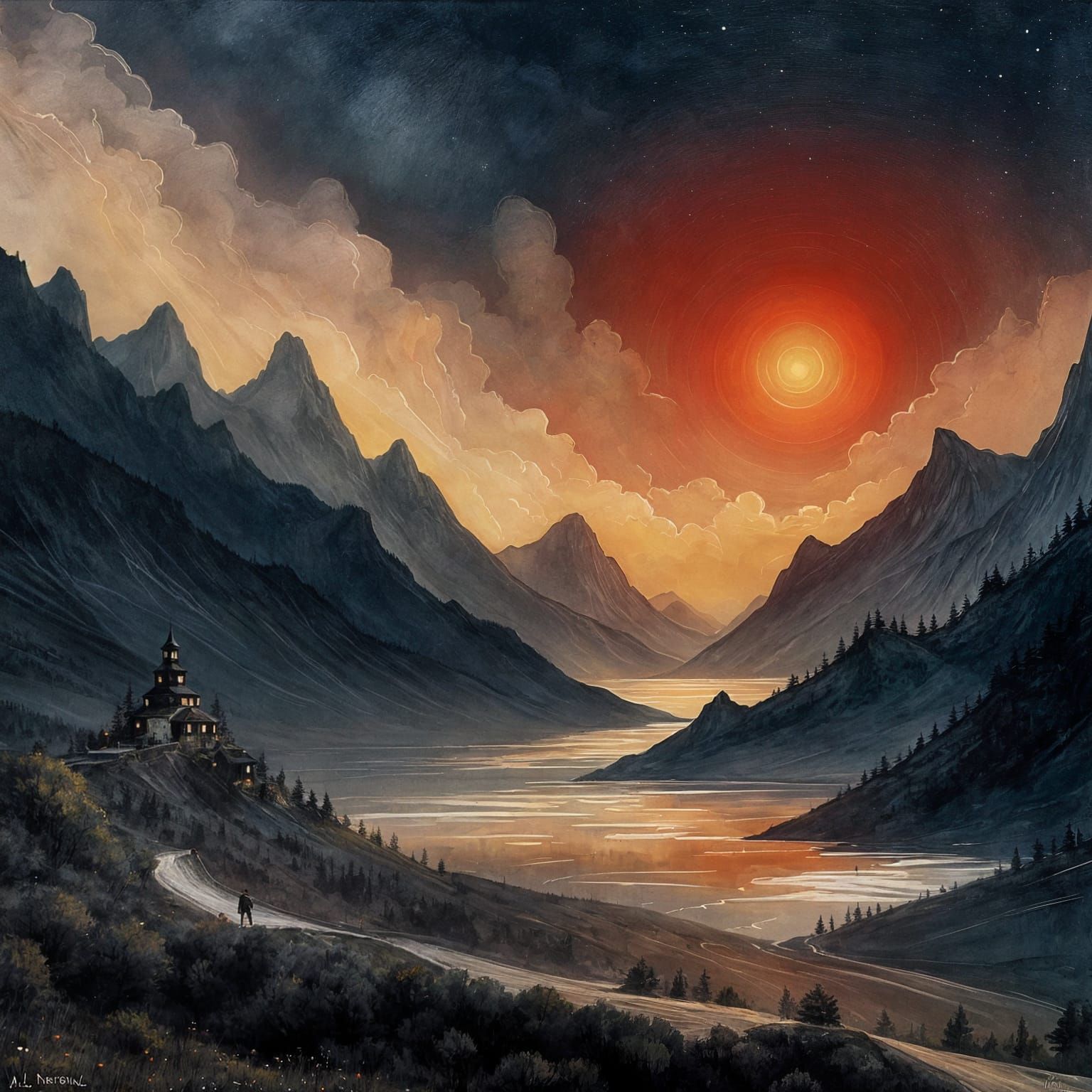 Surreal Mountains in Ciel degradé gris Aesthetic