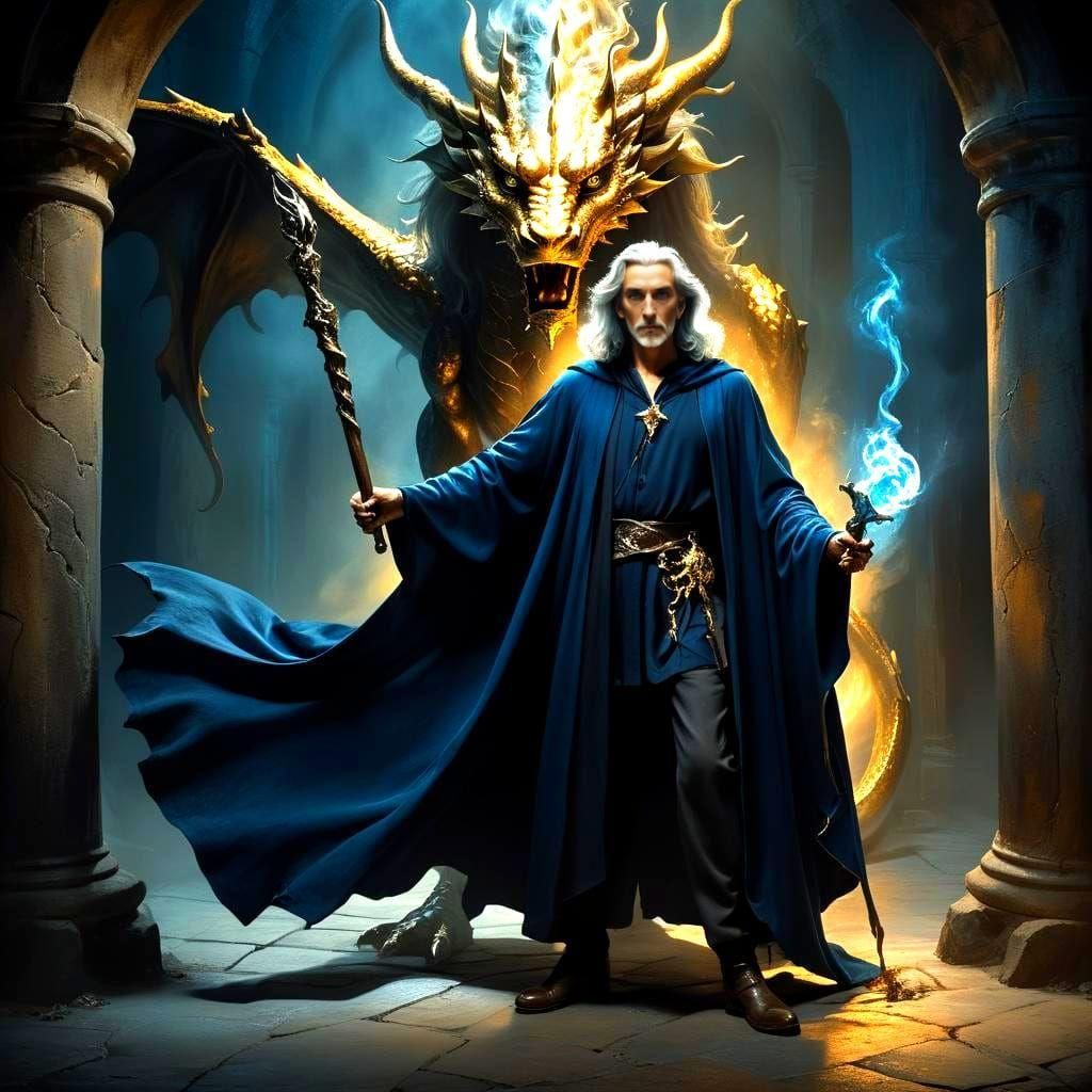 Handsome Wizard with Dragon Staff in Dungeon