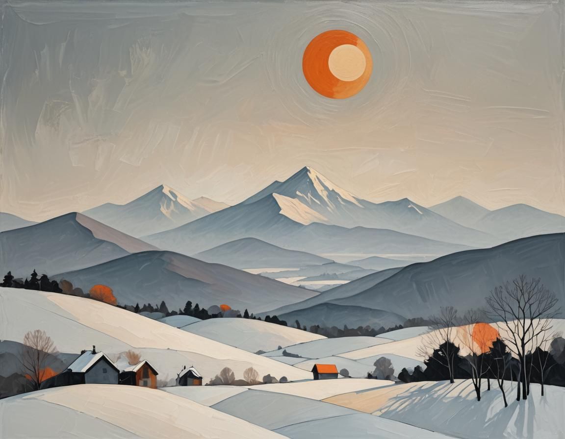 Minimalist Geometric Winter Landscape with Orange Sun