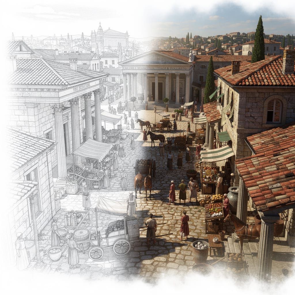 Sketch of Ancient Roman City with 3D Textures