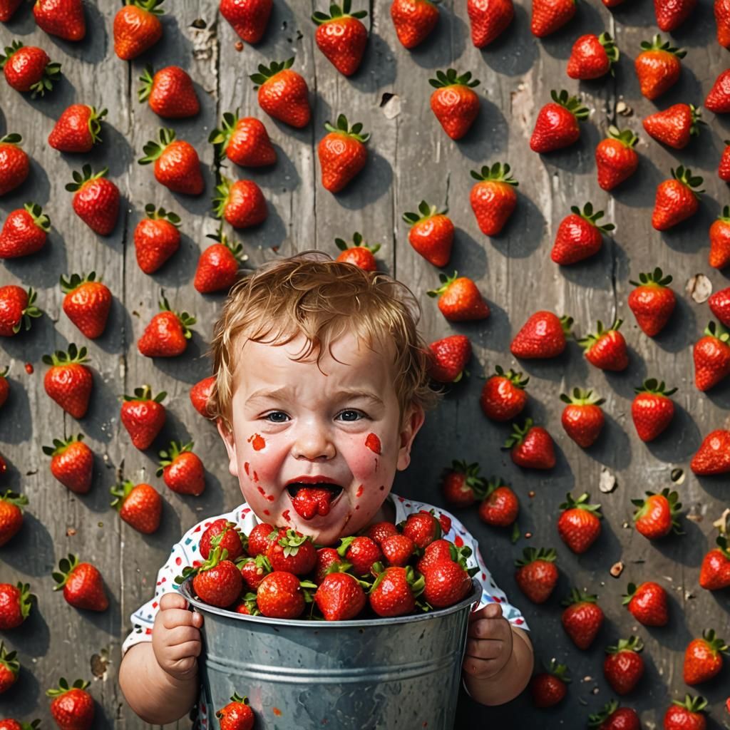 Funny Plump Child Covered in Strawberries