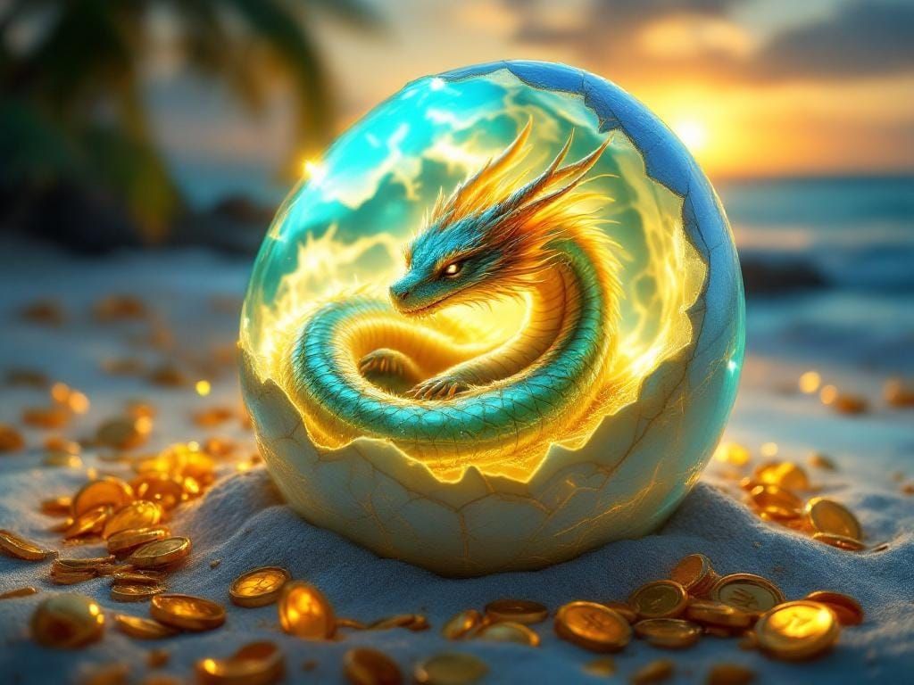 Translucent Dragon Egg on Beach with Treasure