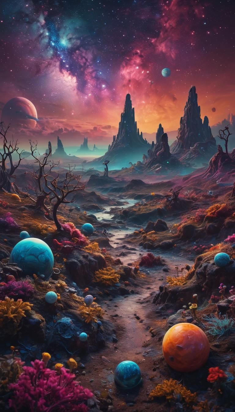 Surreal Cosmos Landscape with Glowing Mold