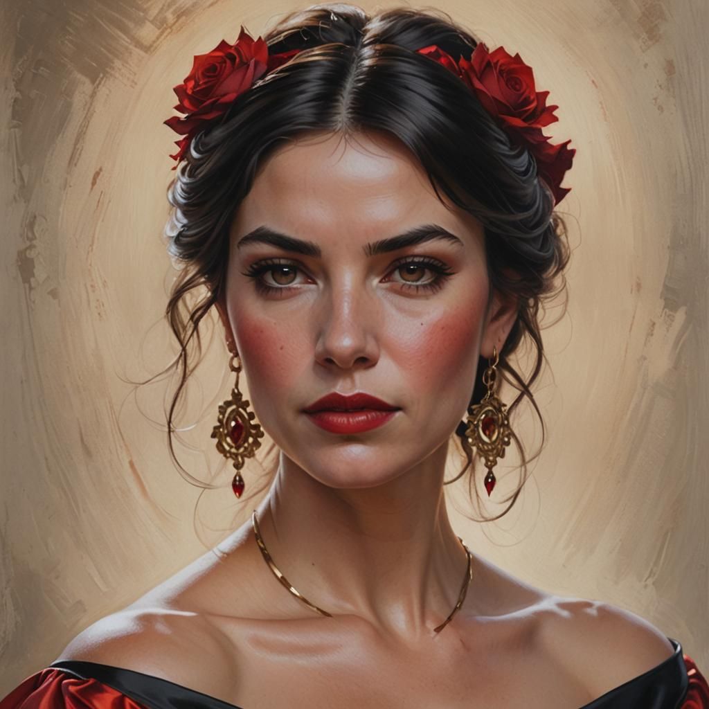 Fiery Woman in Spanish Dress, Hyper-Realistic Portrait