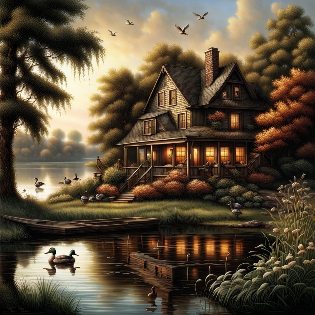 Idyllic Lake House Landscape: Matte Painting
