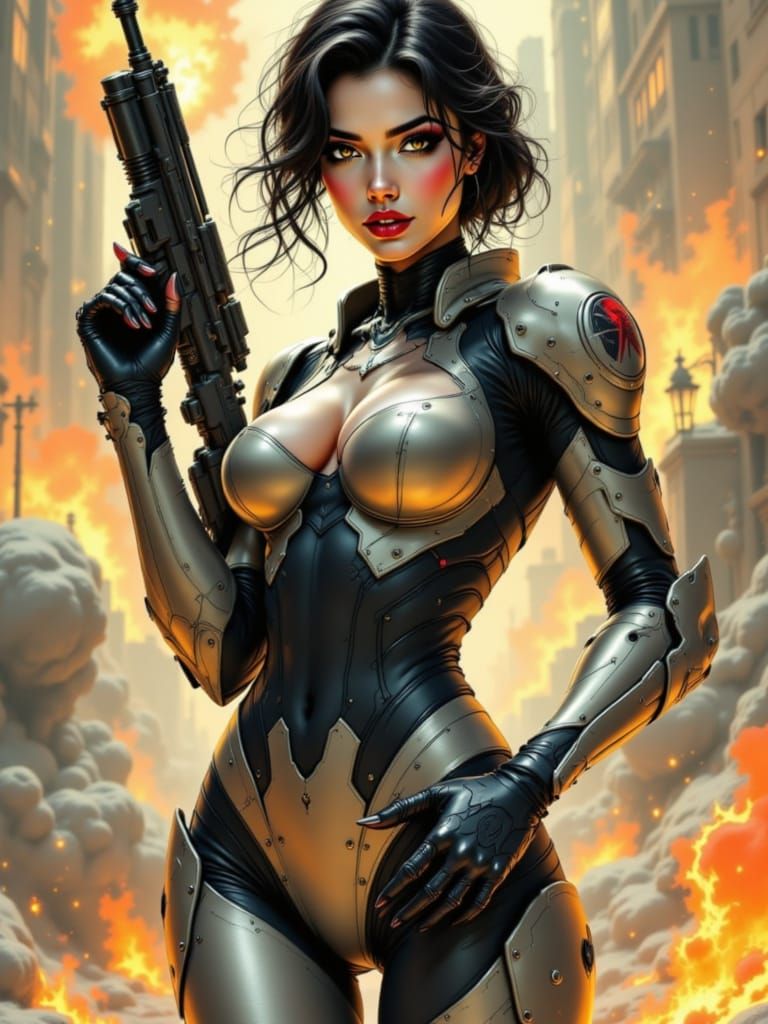 Cyberpunk Ninja Goddess Wields Laser Cannon in 50s Pin-Up St...