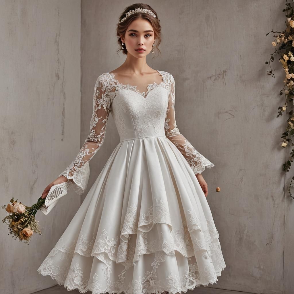 Tea-Length Wedding Dress with Lace and Frills