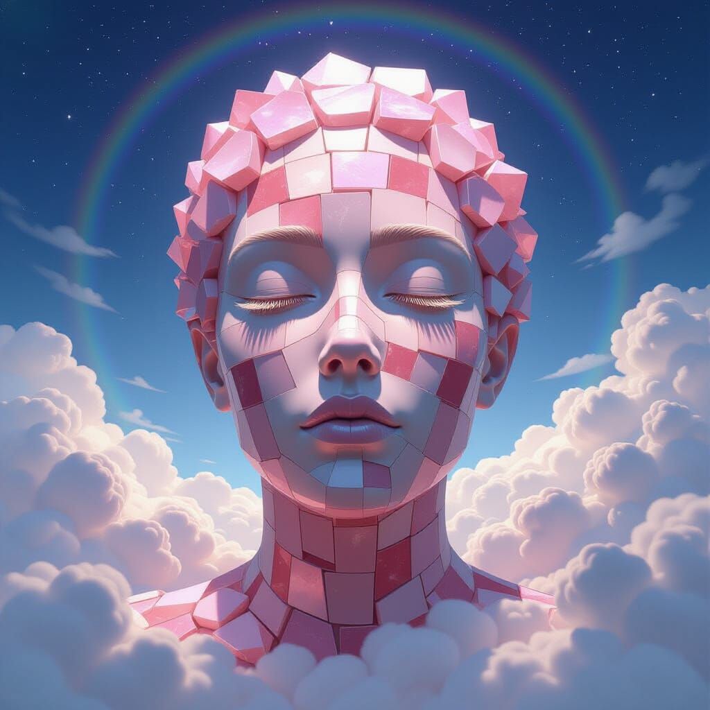 Rose Quartz Face Mosaic in Swirling Rainbow Sky