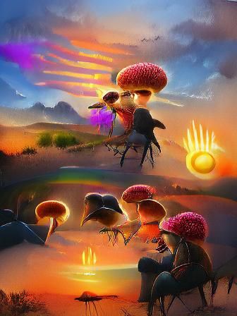 Magic Mushrooms at Sunset: Storybook Illustration