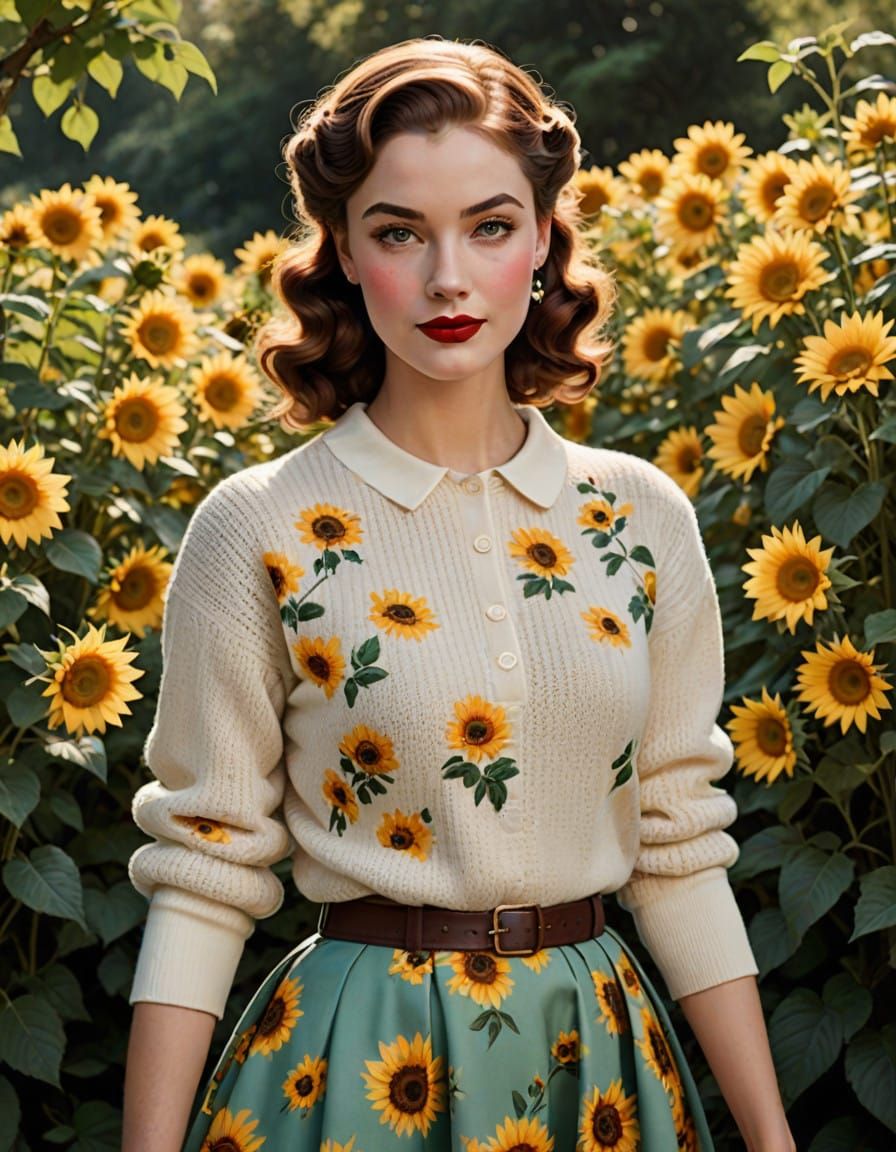 Elegant 1950s Woman Enchants in Whimsical Garden Setting