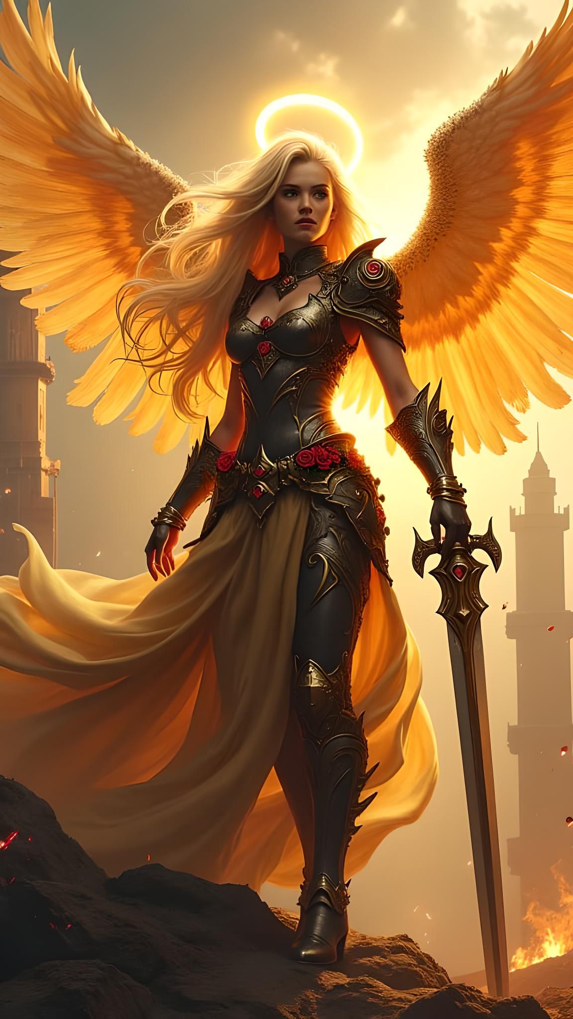 Warrior Angel in Battle-Torn Landscape