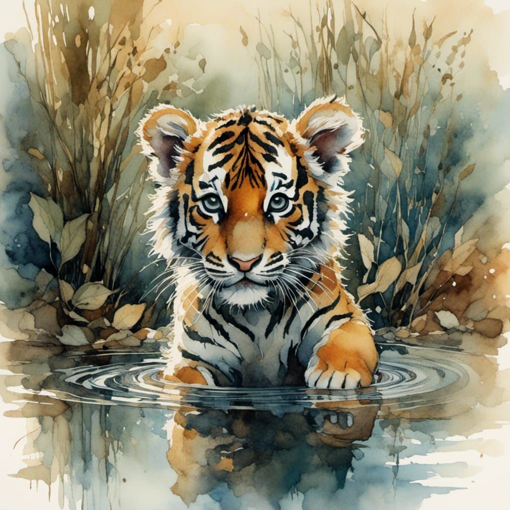abstract portraiture of a tiger cub portrait, rivulet of run...