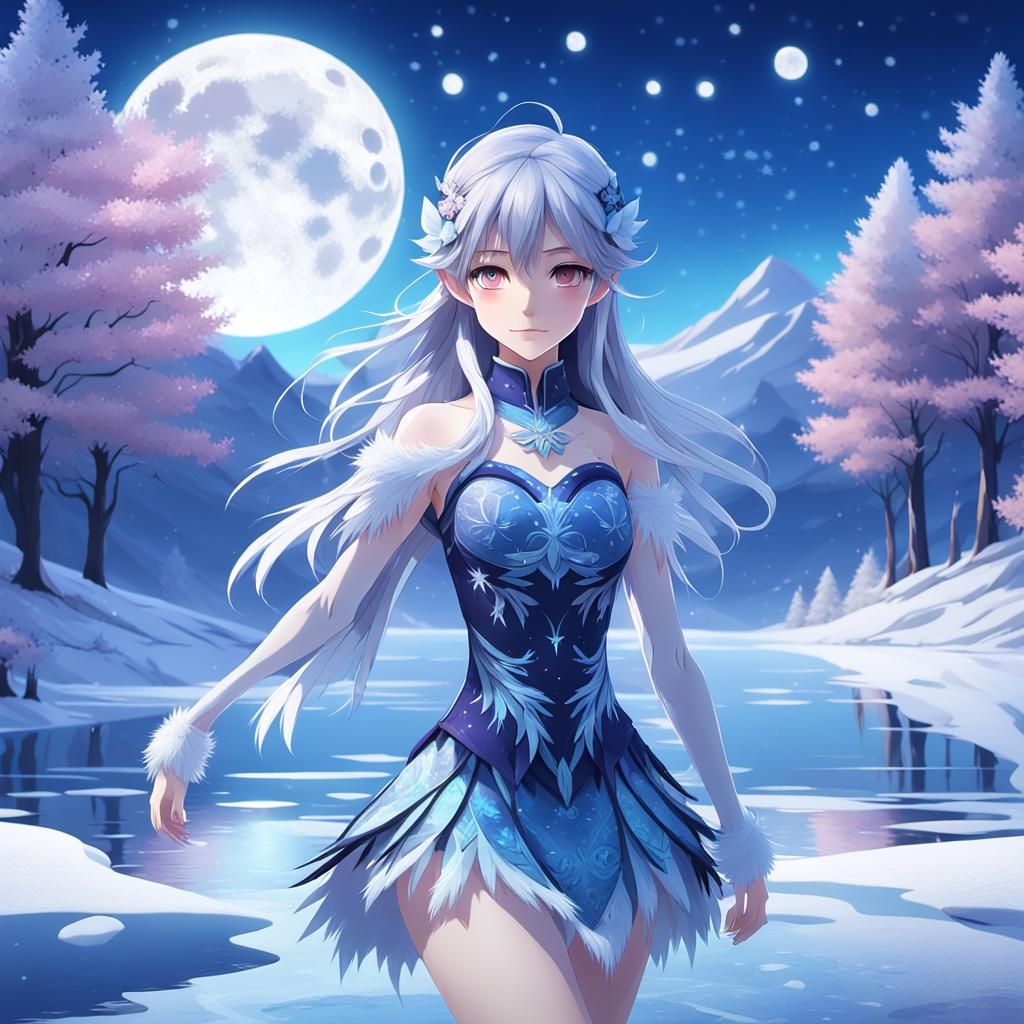 Anime Woman Skating on Frozen Moonlit Lake