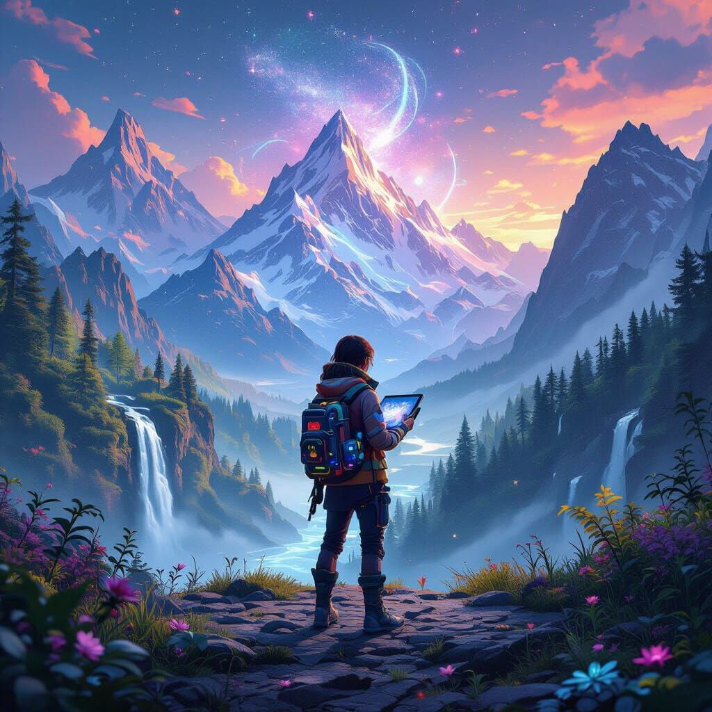 Fantasy Landscape: Adventurer Editing Cosmos with Tablet