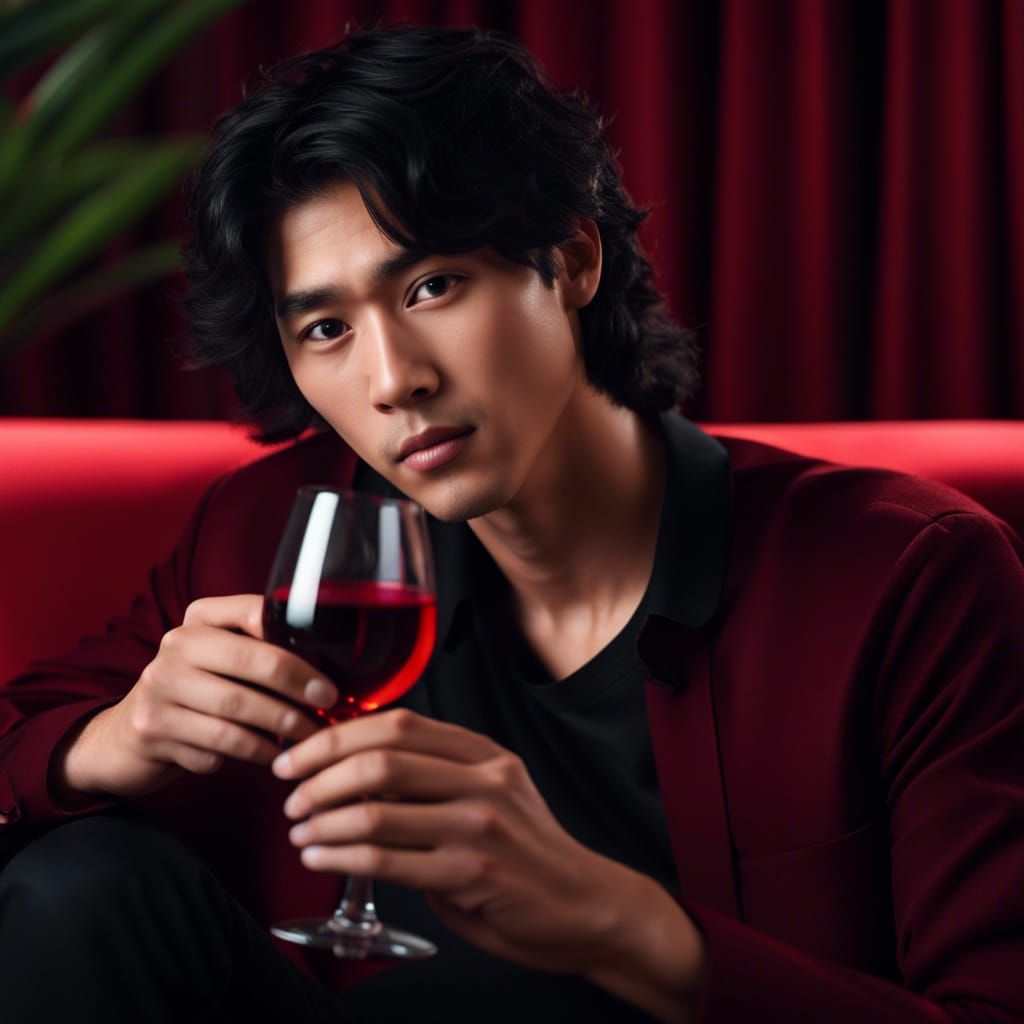 Asian Man Portrait in Dark Red Lounge, Detailed Digital Art