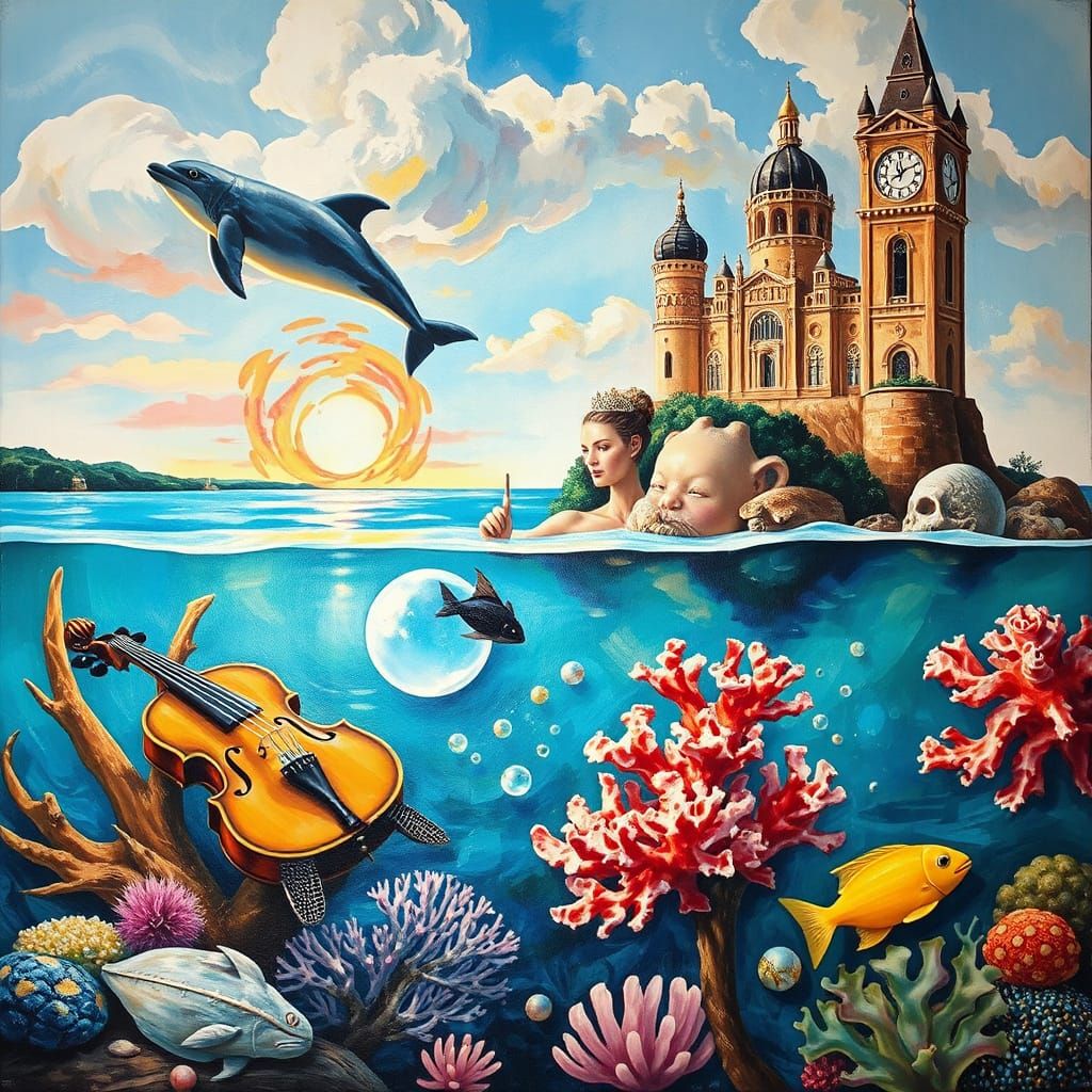 Expressionist Seascape with Castle and Marine Life