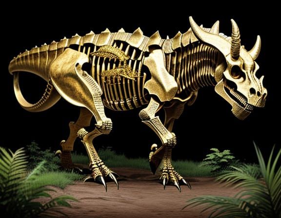 Golden Brass Triceratops Skeleton in Jungle