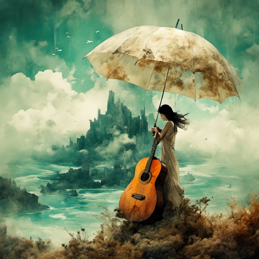 Double Exposure: Umbrella, Guitar, Ocean, Mountain