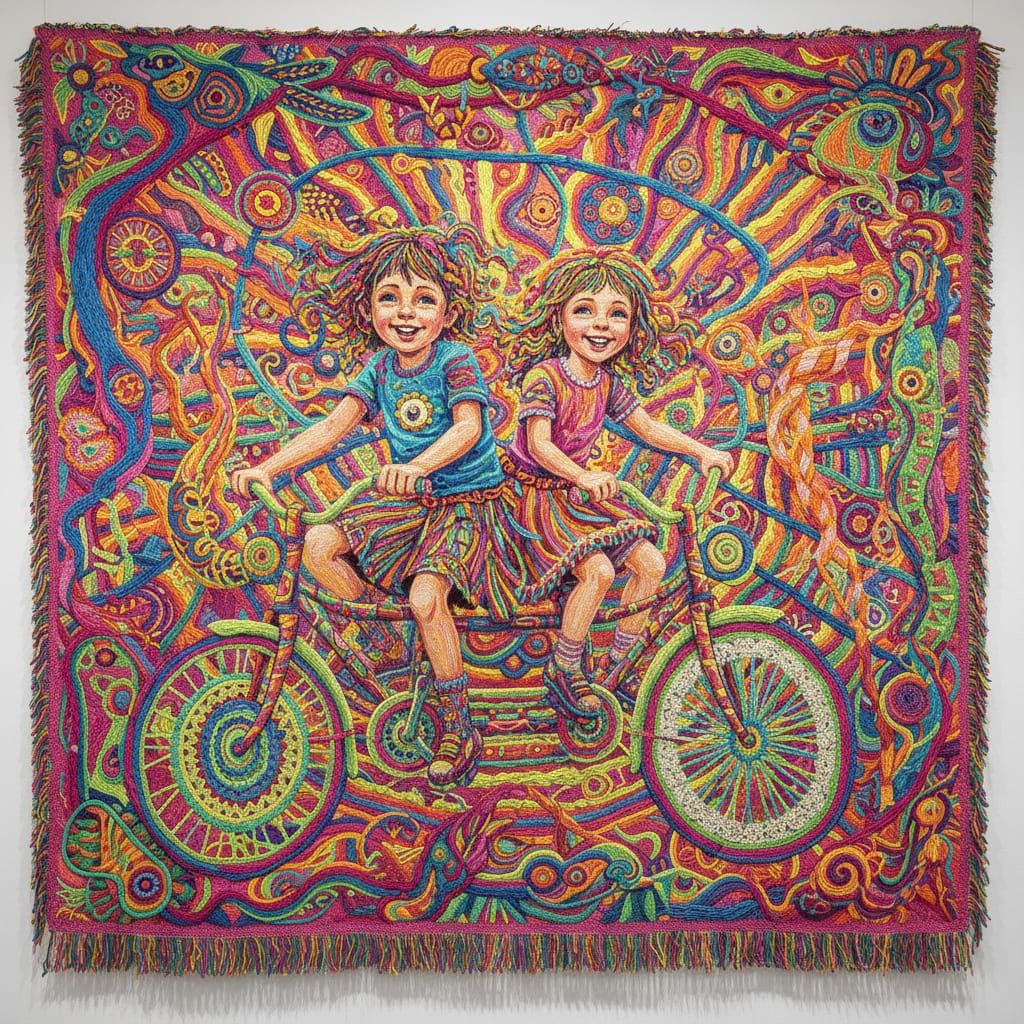 Psychedelic Woven Tapestry of Children on a Bicycle
