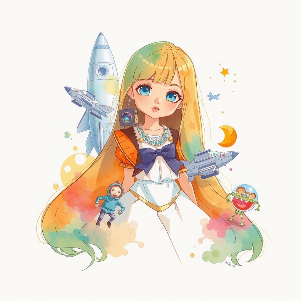 Kidcore Girl in Dreamlike Watercolor Style