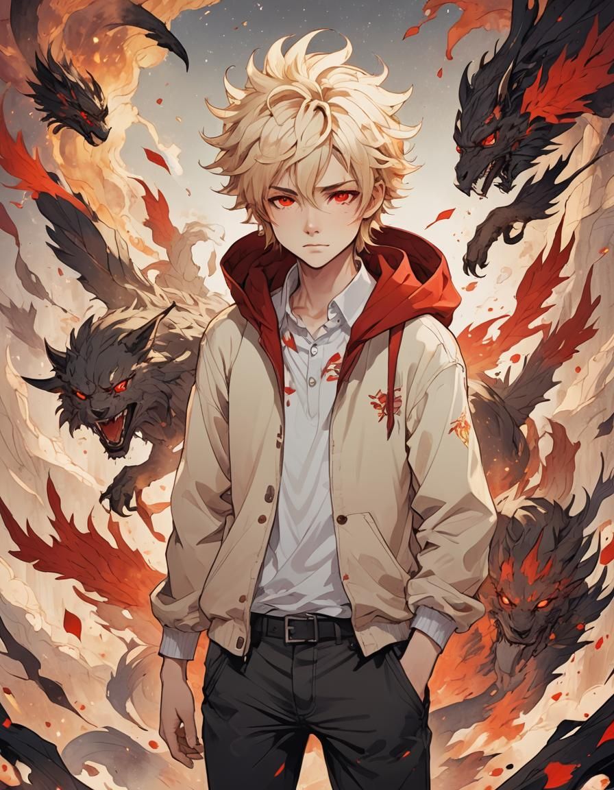 Animecore Boy Portrait with Blond Hair and Red Eyes