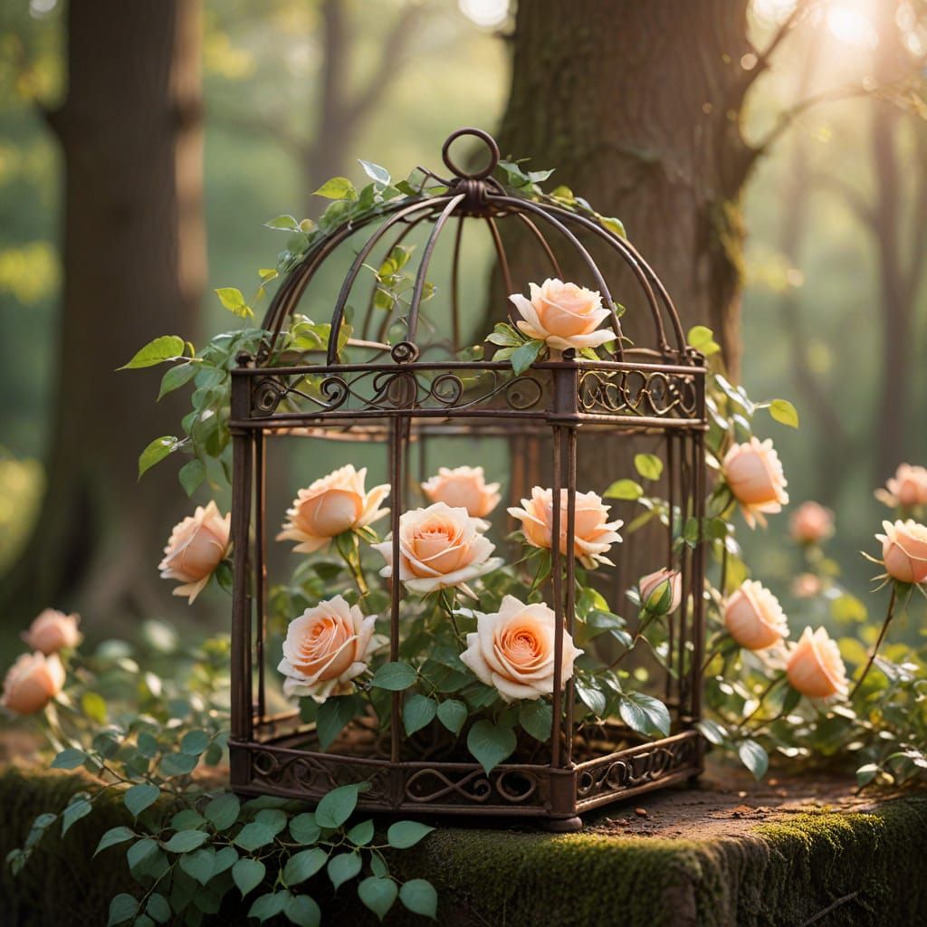 Surreal Peach Roses in Rustic Iron Cage