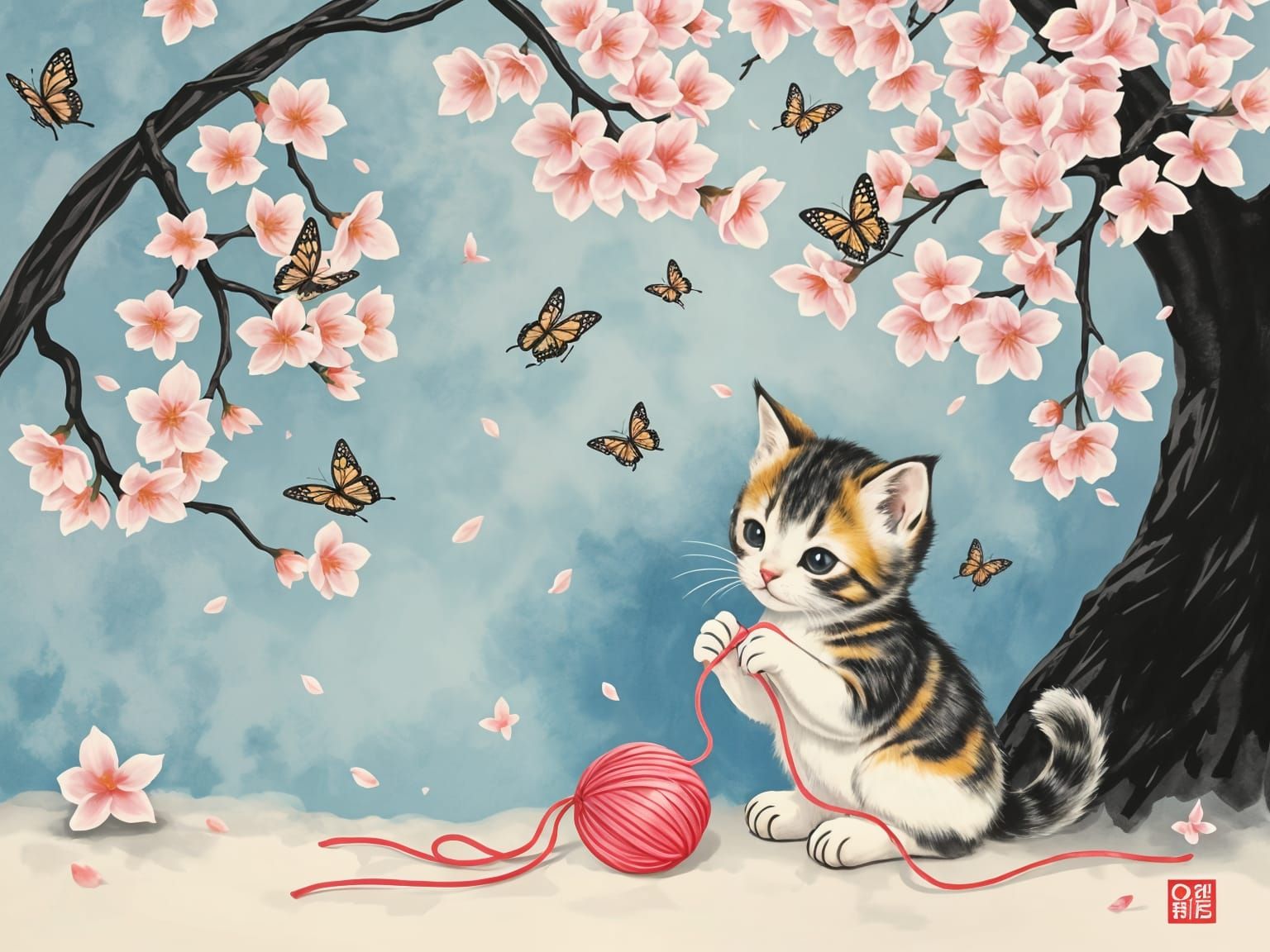 Japanese Kitten Plays with Yarn under Blossoming Sakura Tree