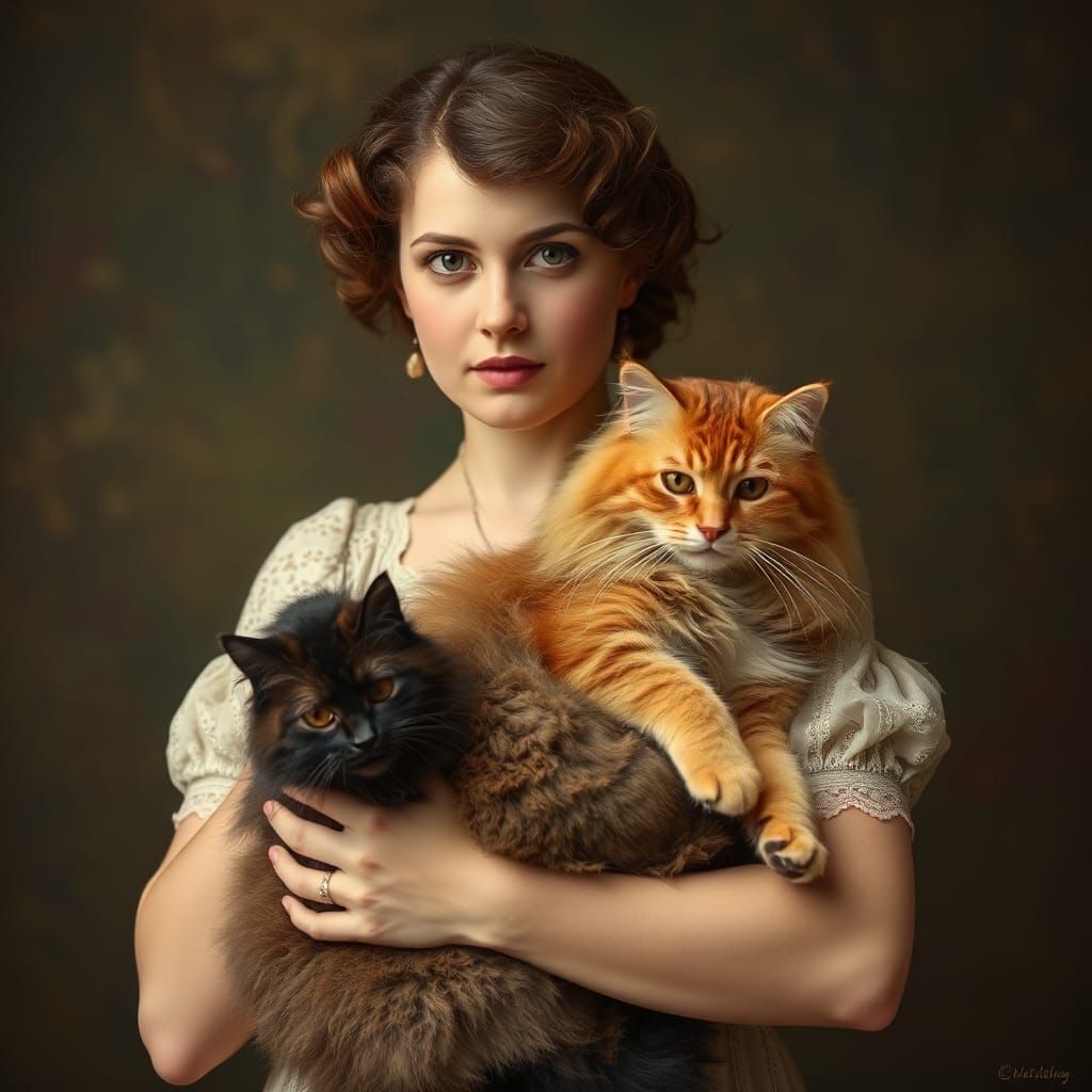 Edwardian Woman with Maine Coon Cat