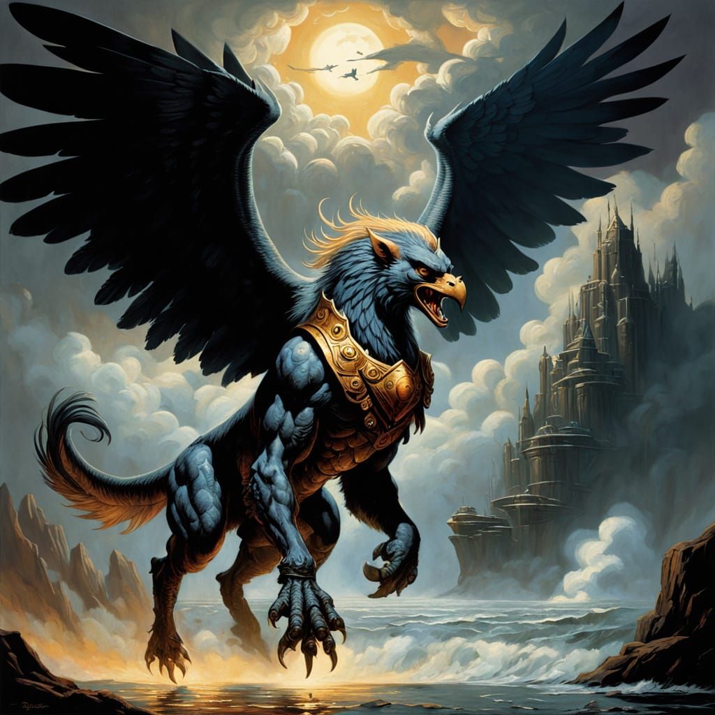 Armored Griffin Soaring in Stormy Sky