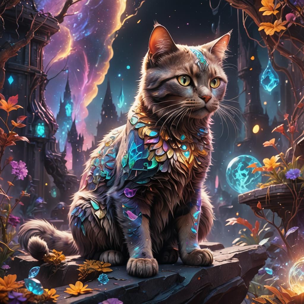 Holographic Mystic Cat in Detailed Matte Painting