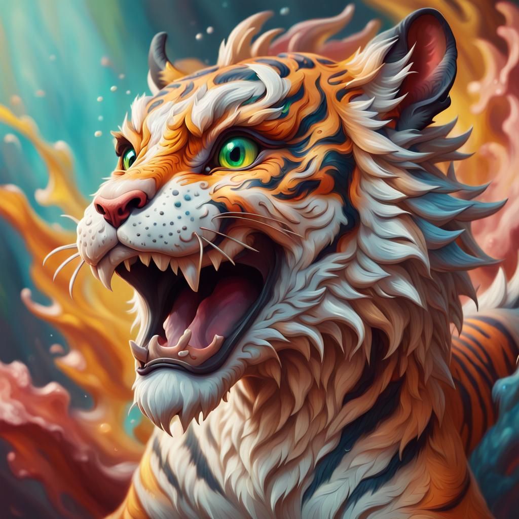 Mythical Dragon-Tiger Portrait in Splash Art Style