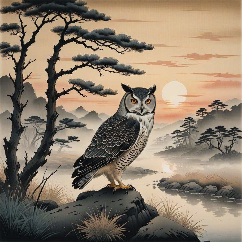 Solitary Wanderer at Sunrise in Ukiyo-e Style