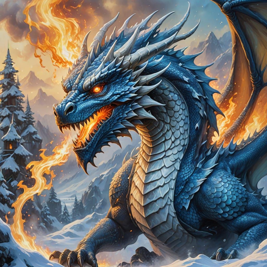 Winter Dragon Blows Fire: Fantasy Oil Painting