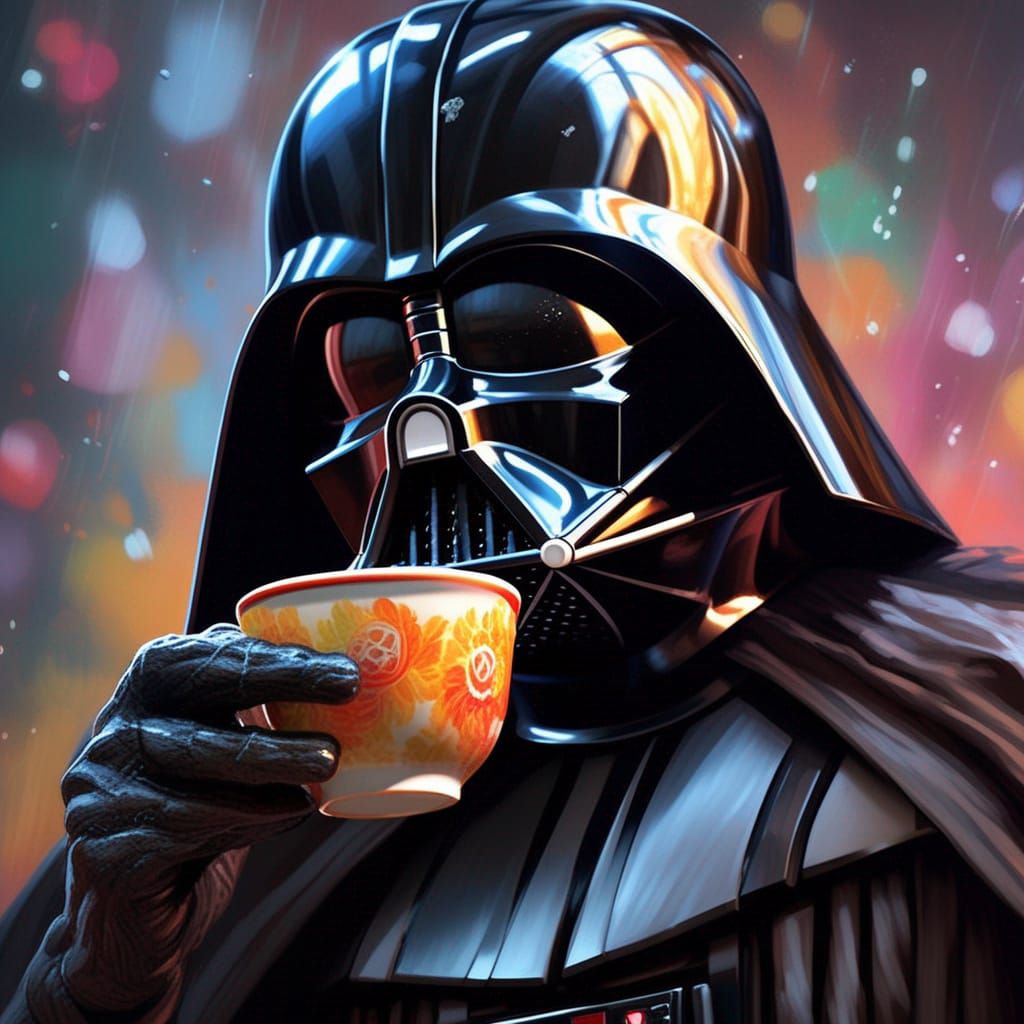 Hyperrealistic Darth Vader Mid-Shot Drinking Tea