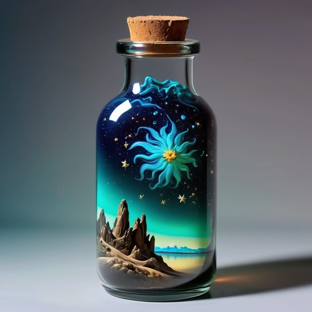Surreal Cosmos in a Bottle, Glowing Celestial Bodies